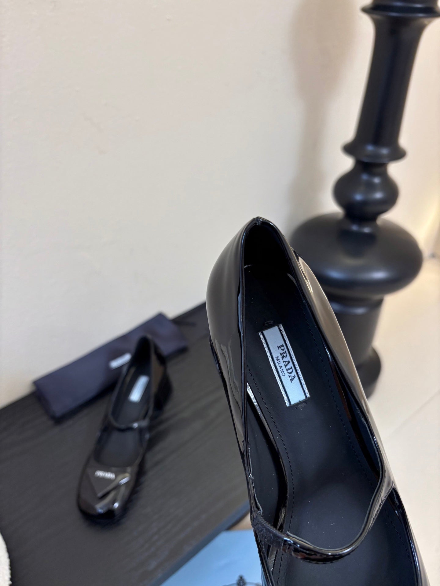 PRADA 26S BLOCK-HEEL MARY JANE IN BLACK PATENT CALFSKIN