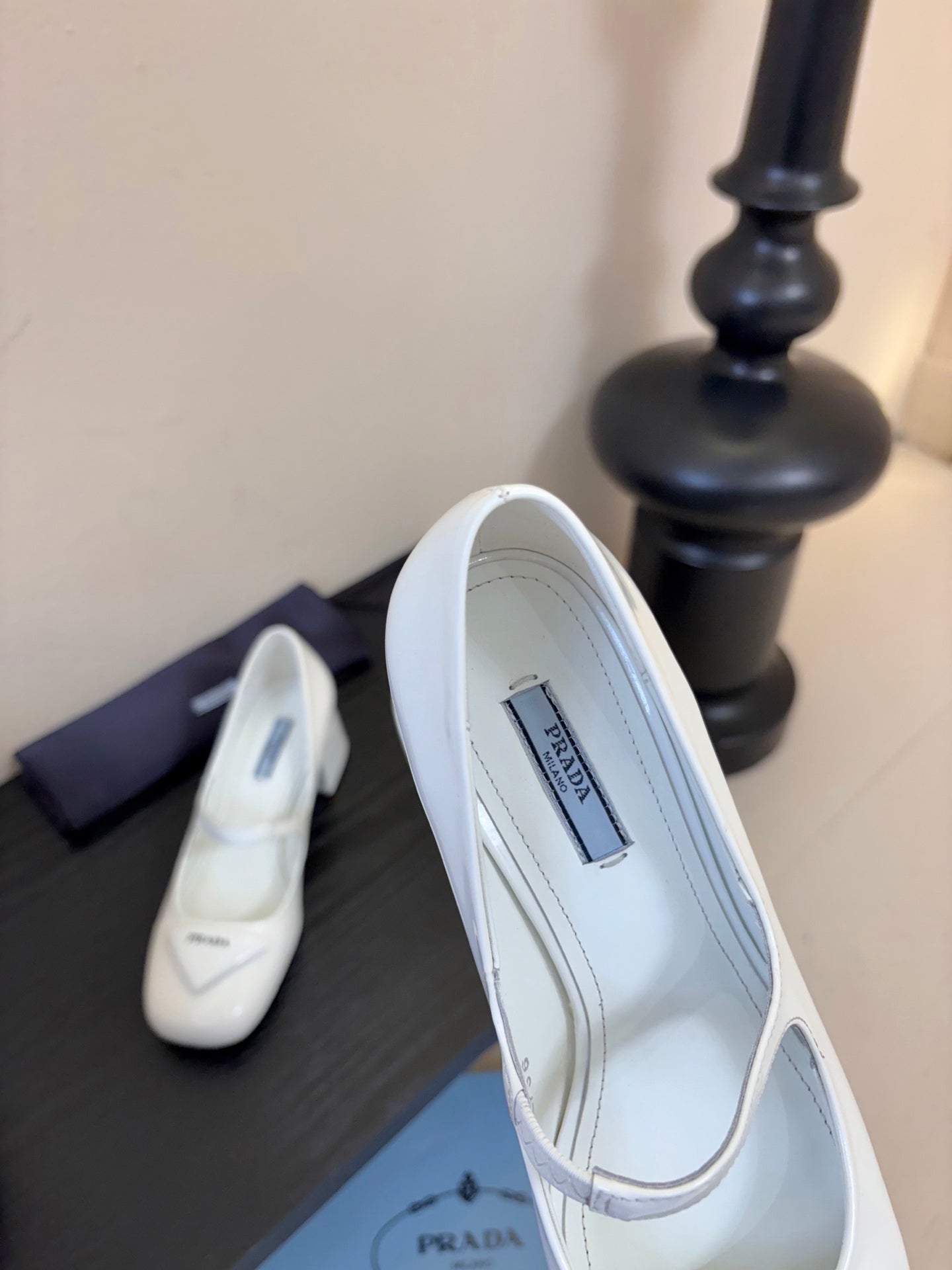 PRADA 26S BLOCK-HEEL MARY JANE IN WHITE PATENT CALFSKIN