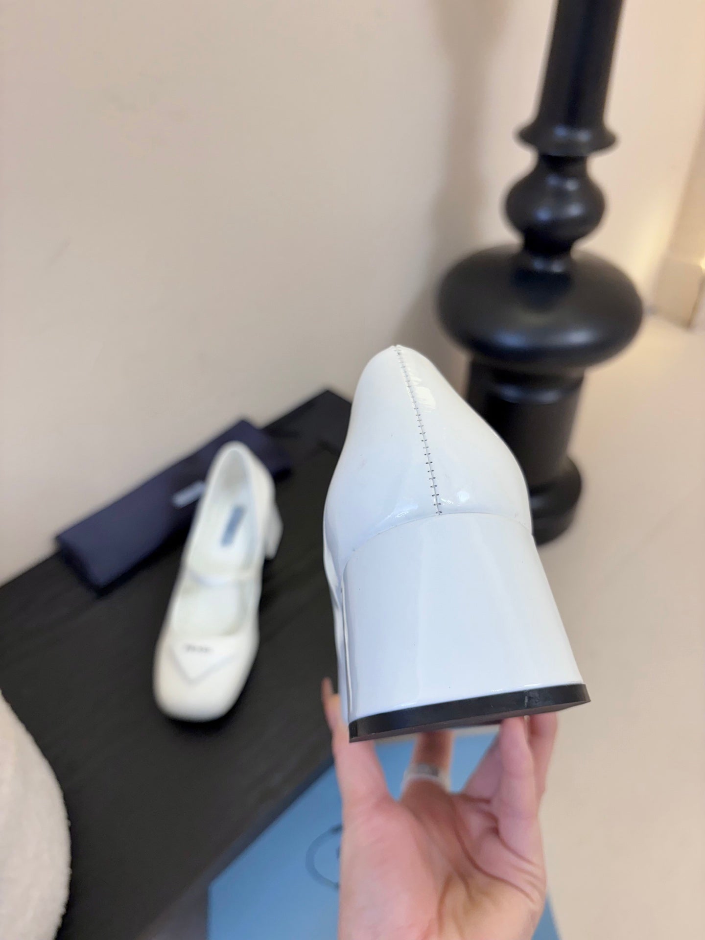 PRADA 26S BLOCK-HEEL MARY JANE IN WHITE PATENT CALFSKIN