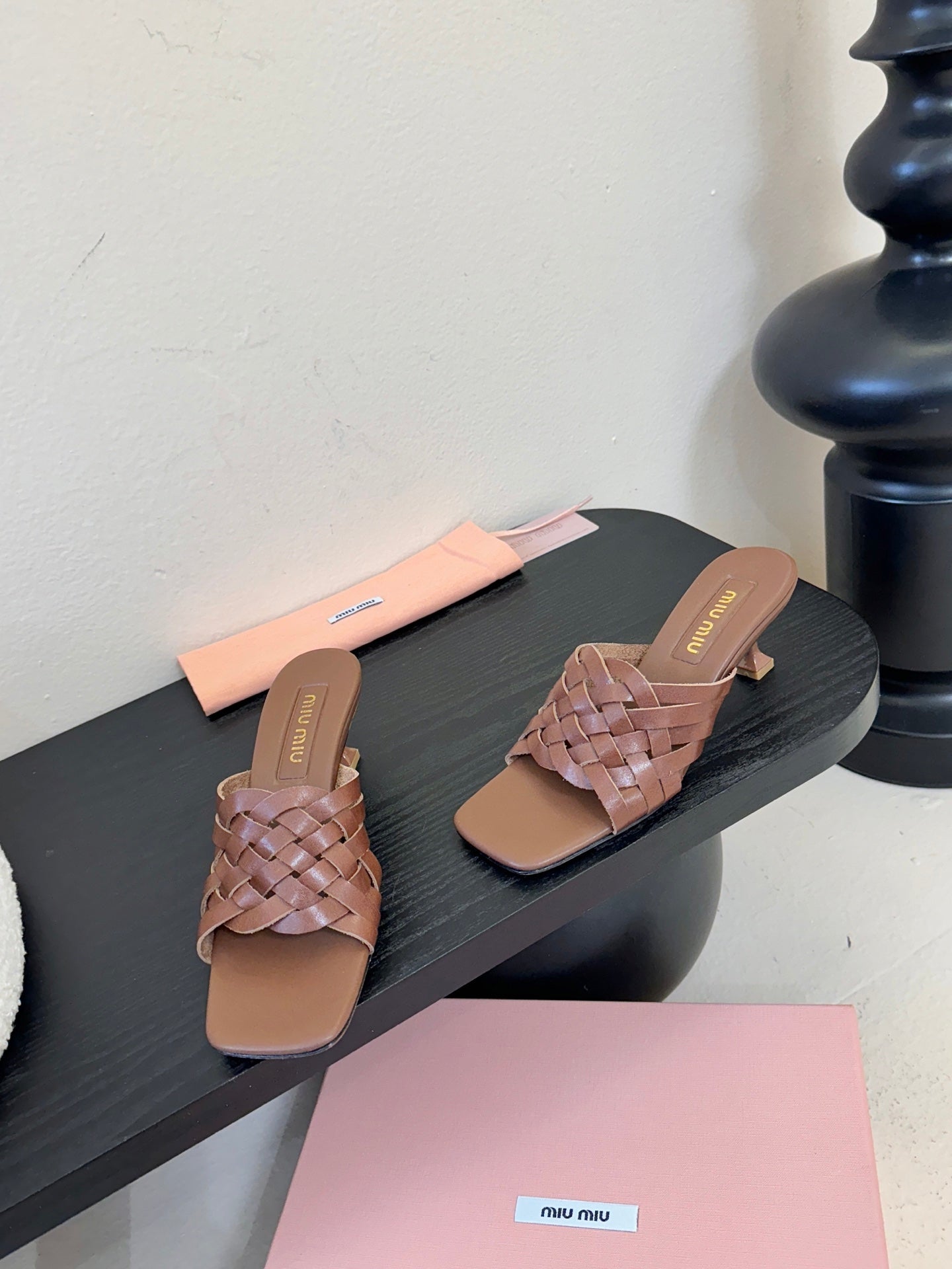 MIUMIU 26S IVETTE WOVEN HEELED SANDALS 40MM IN BROWN CALFSKIN