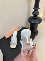 MIUMIU 26S IVETTE WOVEN HEELED SANDALS 40MM IN WHITE CALFSKIN