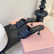 MIUMIU 26S IVETTE WOVEN HEELED SANDALS 40MM IN BLACK CALFSKIN