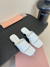 MIUMIU 26S IVETTE WOVEN SLIDE SANDALS IN WHITE CALFSKIN