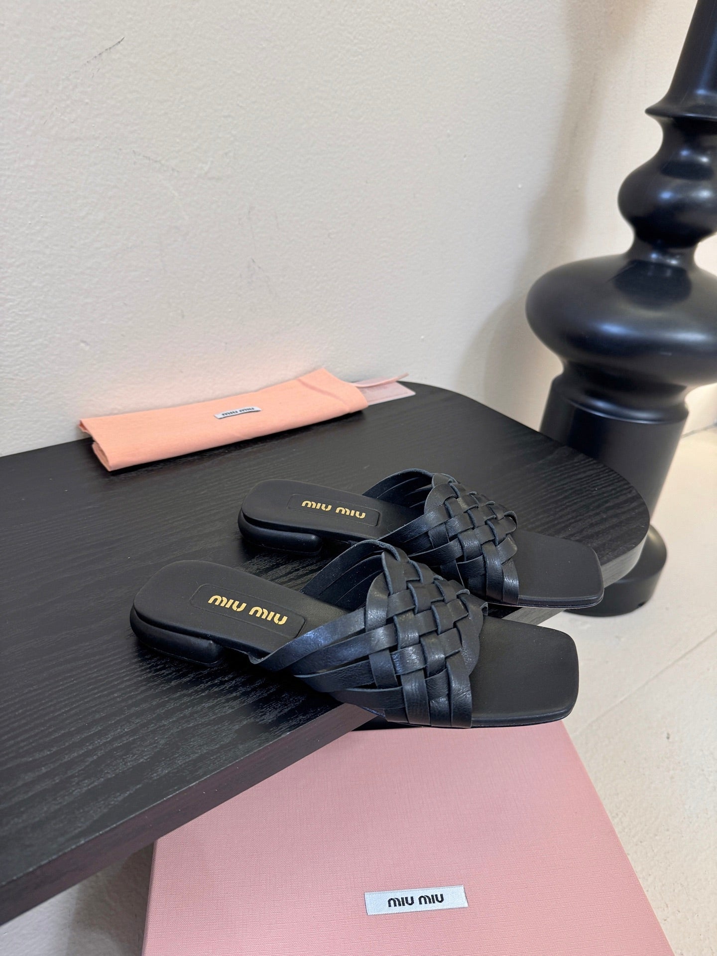 MIUMIU 26S IVETTE WOVEN SLIDE SANDALS IN BLACK CALFSKIN