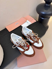 MIUMIU 26S SNEAKERS IN WHITE AND CARAMEL BROWN SUEDE AND MESH