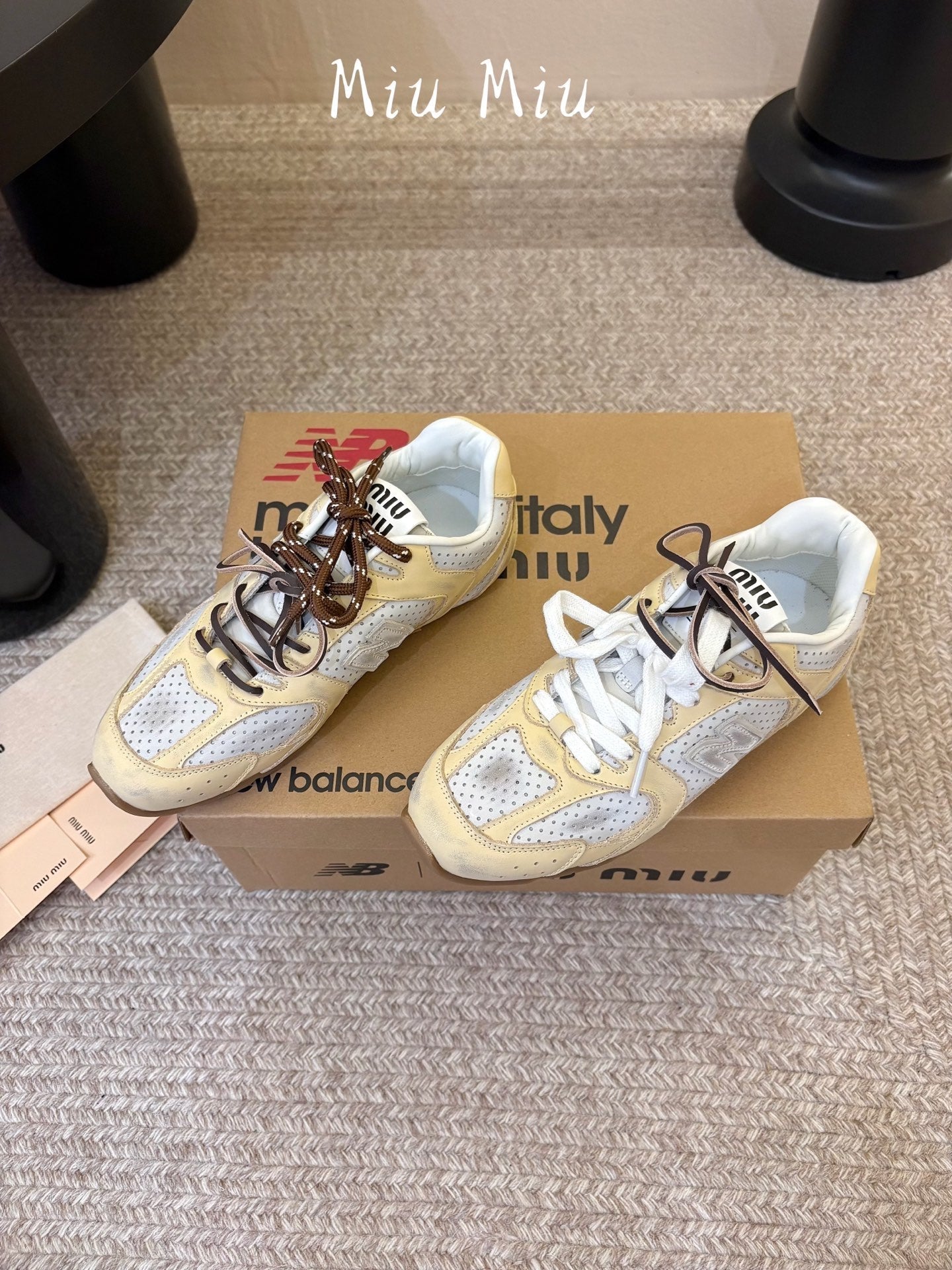 MIUMIU 26S PERFORATED SNEAKERS IN WHITE AND BEIGE YELLOW CALFSKIN