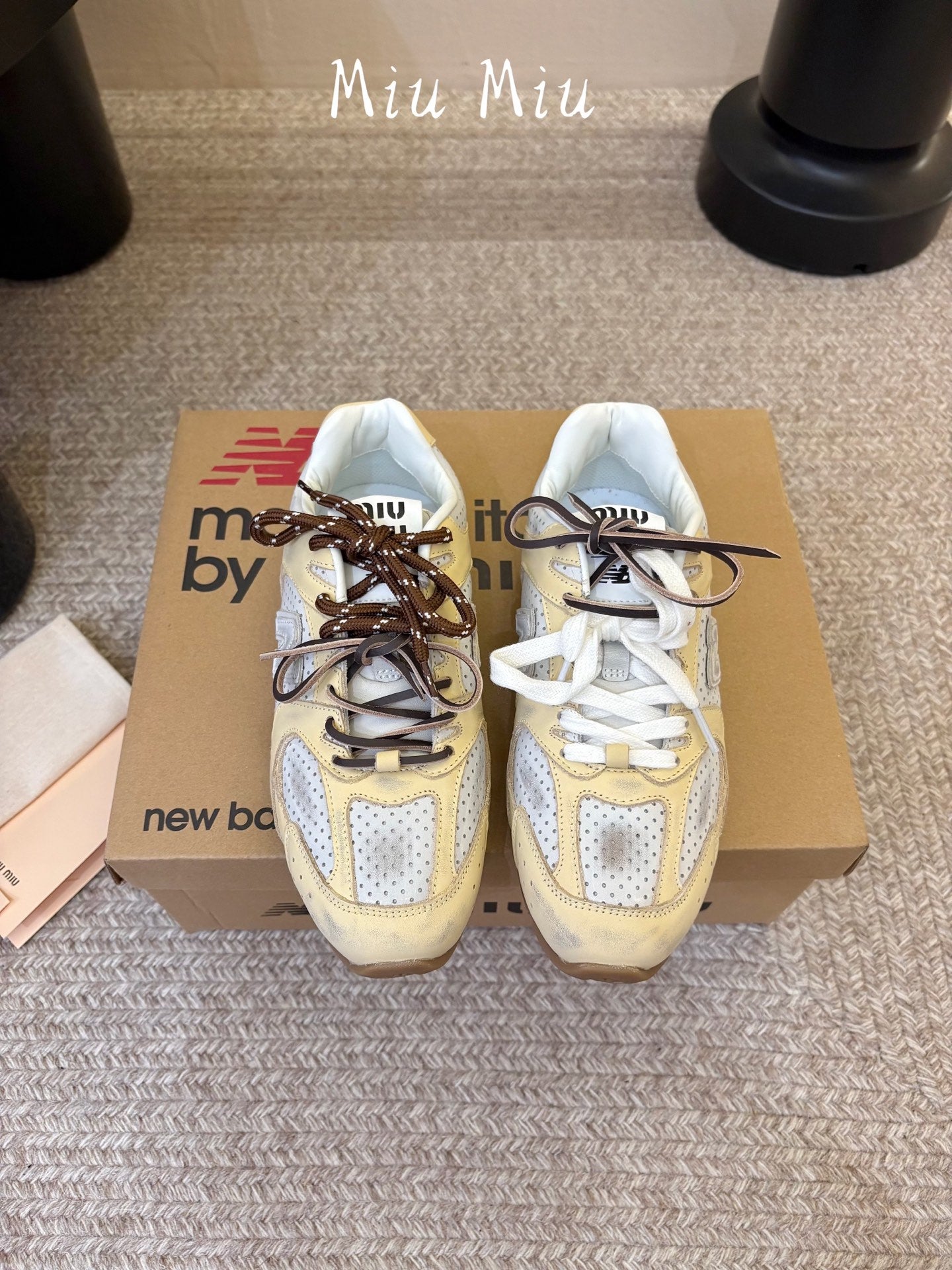 MIUMIU 26S PERFORATED SNEAKERS IN WHITE AND BEIGE YELLOW CALFSKIN