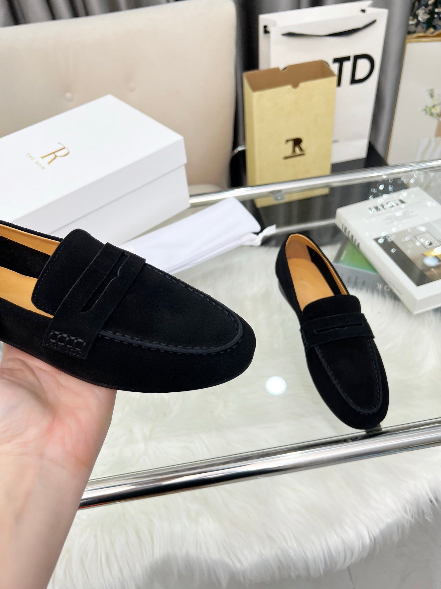 THE ROW 26S PENNY LOAFERS IN BLACK SUEDE