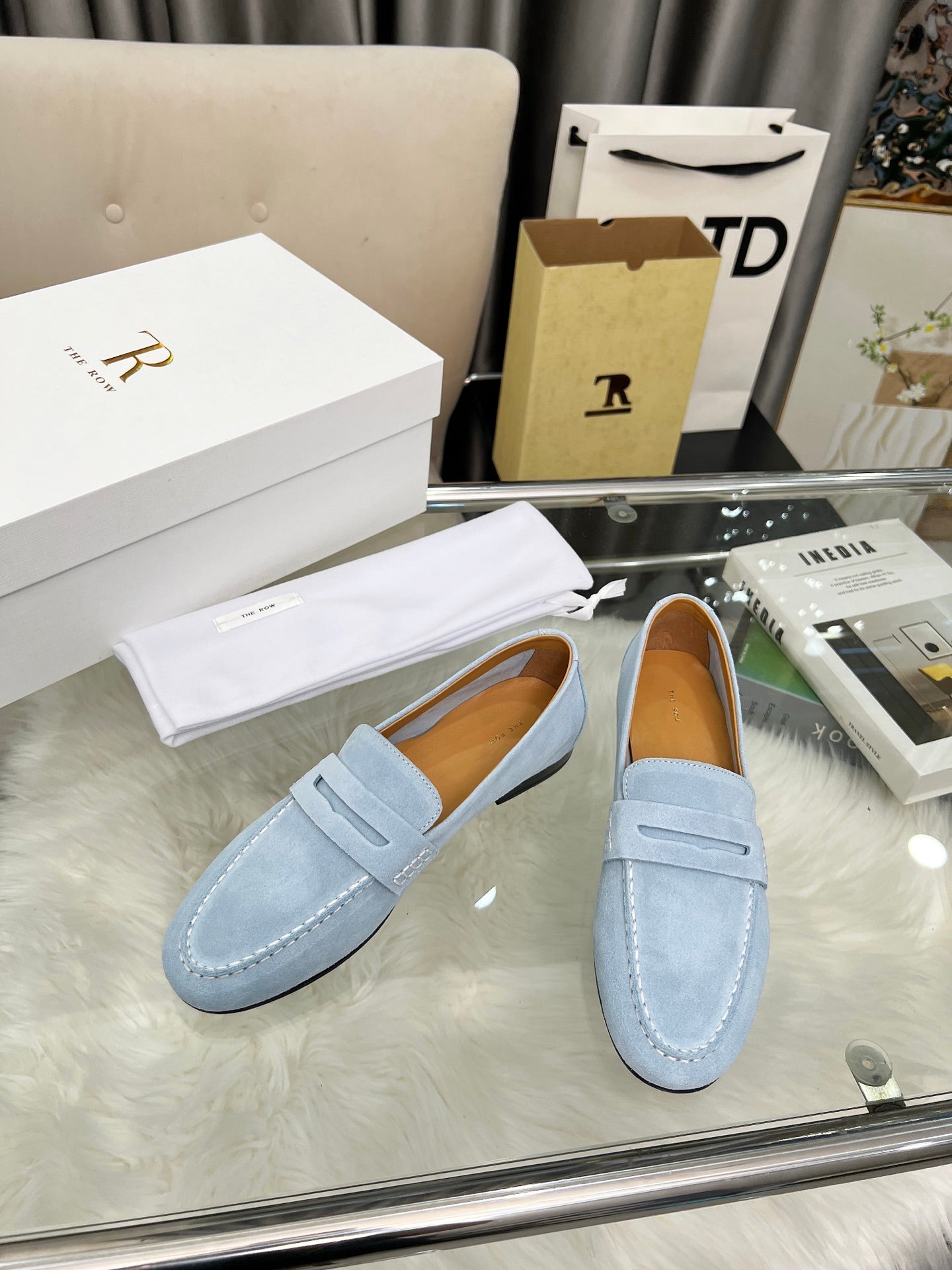 THE ROW 26S PENNY LOAFERS IN LIGHT BLUE SUEDE