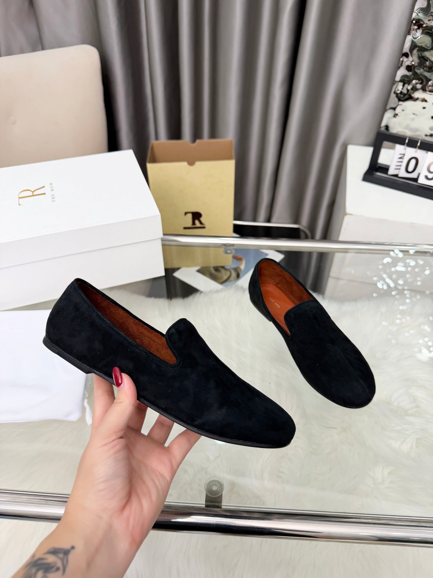 THE ROW 26S CLASSIC LOAFER FLATS IN BLACK SUEDE