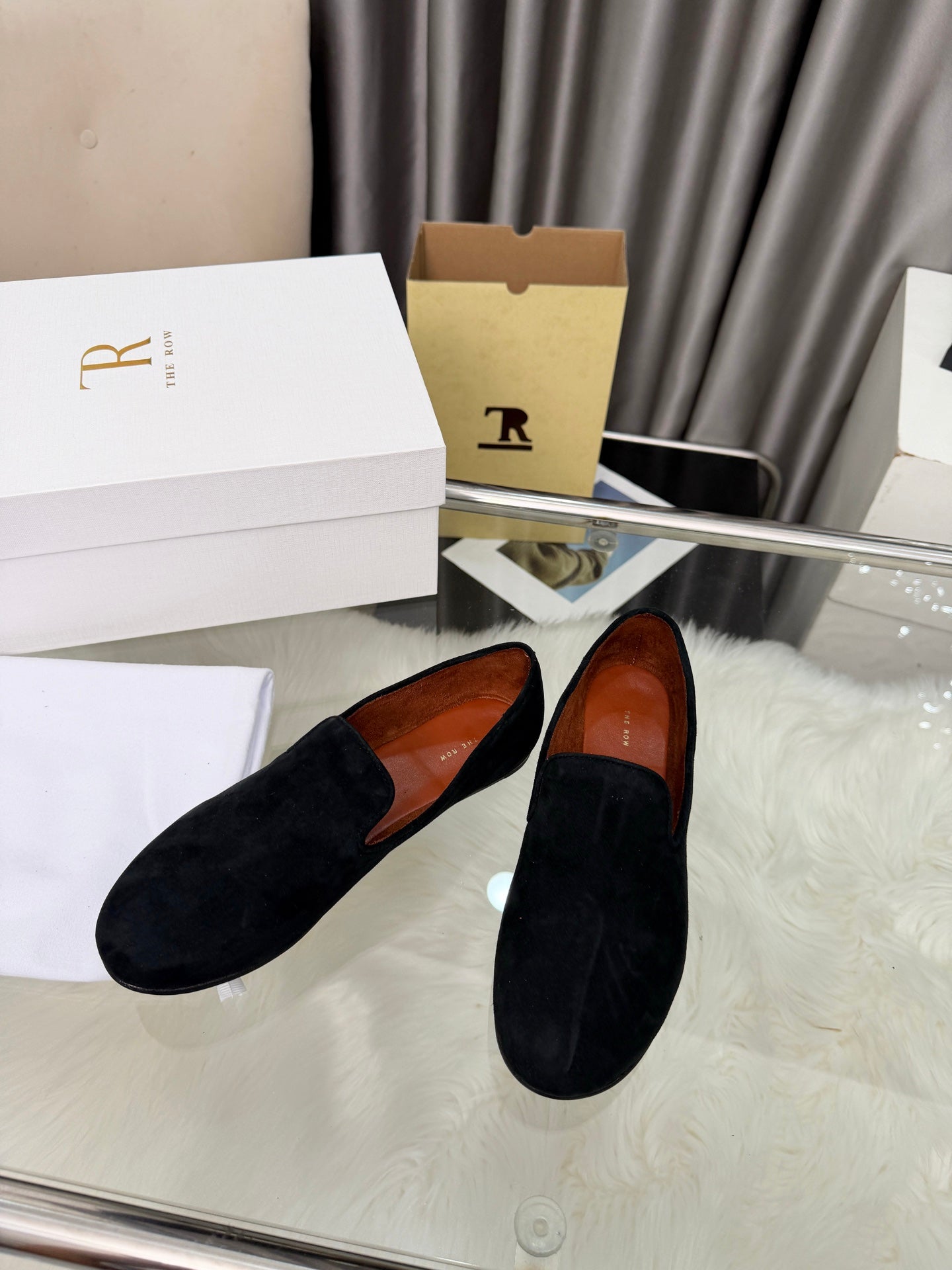 THE ROW 26S CLASSIC LOAFER FLATS IN BLACK SUEDE