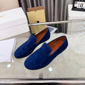 THE ROW 26S CLASSIC LOAFER FLATS IN DARK BLUE SUEDE