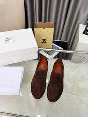 THE ROW 26S CLASSIC LOAFER FLATS IN DARK BROWN SUEDE