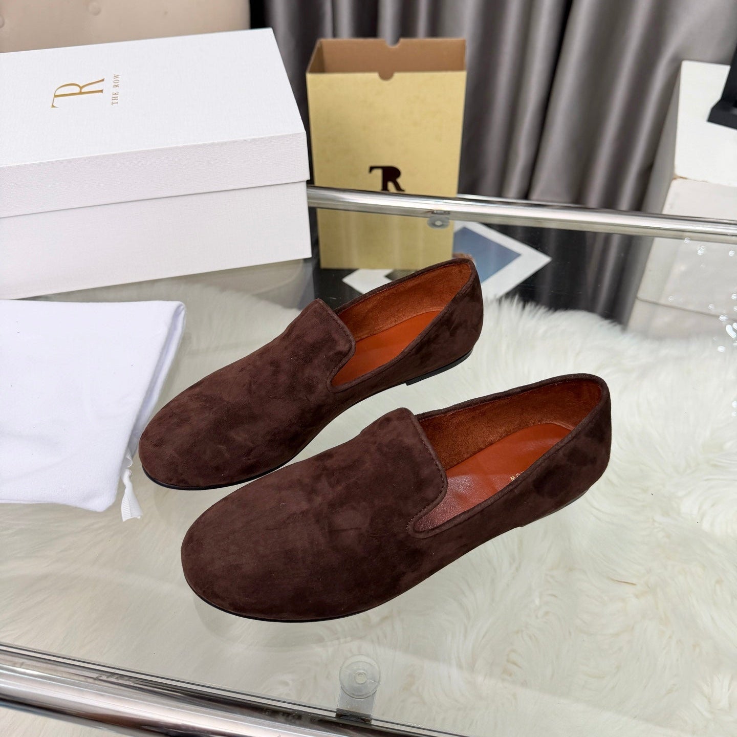 THE ROW 26S CLASSIC LOAFER FLATS IN DARK BROWN SUEDE