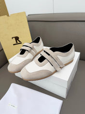 THE ROW 26S DOUBLE STRAP MARY JANE SNEAKERS IN WHITE CALFSKIN AND LIGHT GREY SUEDE