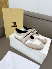 THE ROW 26S DOUBLE STRAP MARY JANE SNEAKERS IN WHITE CALFSKIN AND LIGHT GREY SUEDE