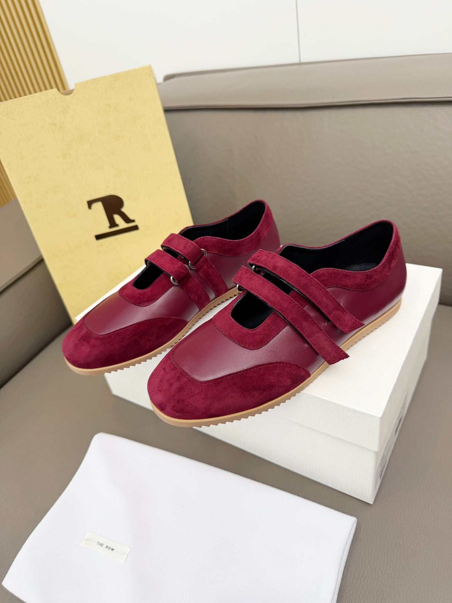THE ROW 26S DOUBLE STRAP MARY JANE SNEAKERS IN BURGUNDY RED CALFSKIN AND SUEDE