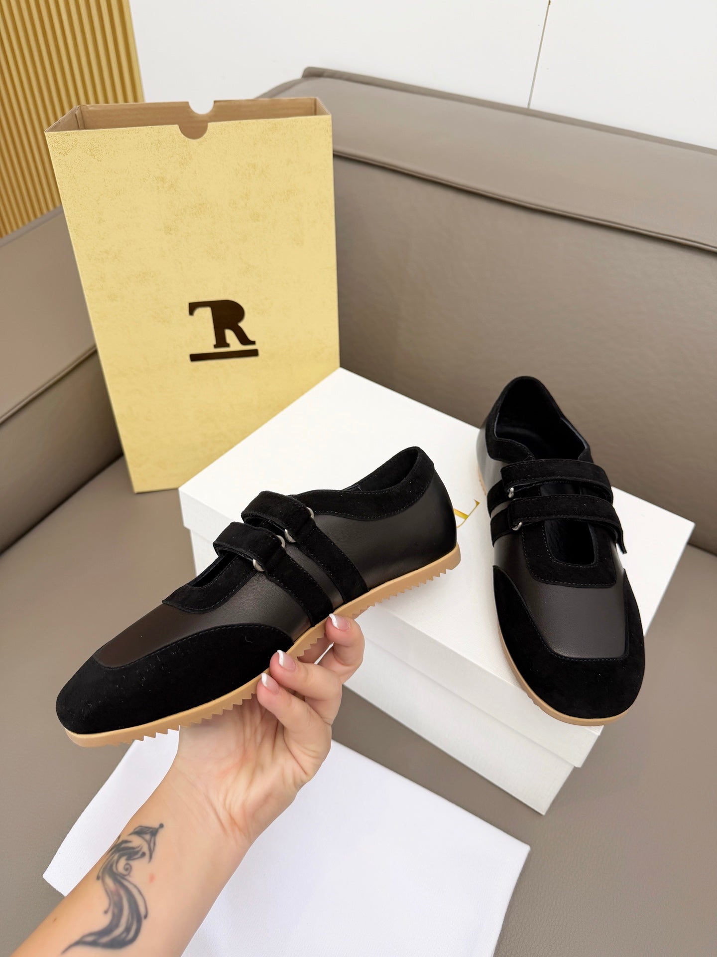 THE ROW 26S DOUBLE STRAP MARY JANE SNEAKERS IN BLACK CALFSKIN AND SUEDE