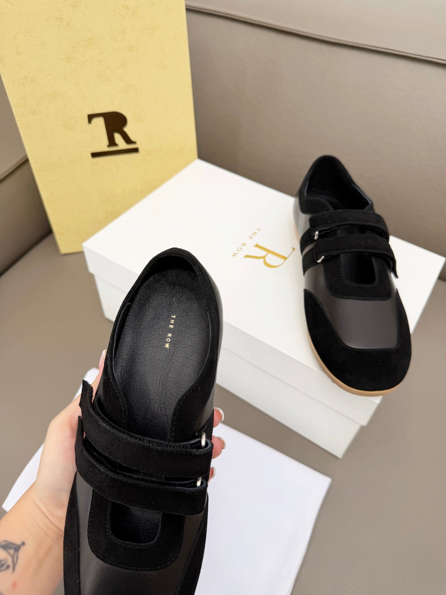 THE ROW 26S DOUBLE STRAP MARY JANE SNEAKERS IN BLACK CALFSKIN AND SUEDE