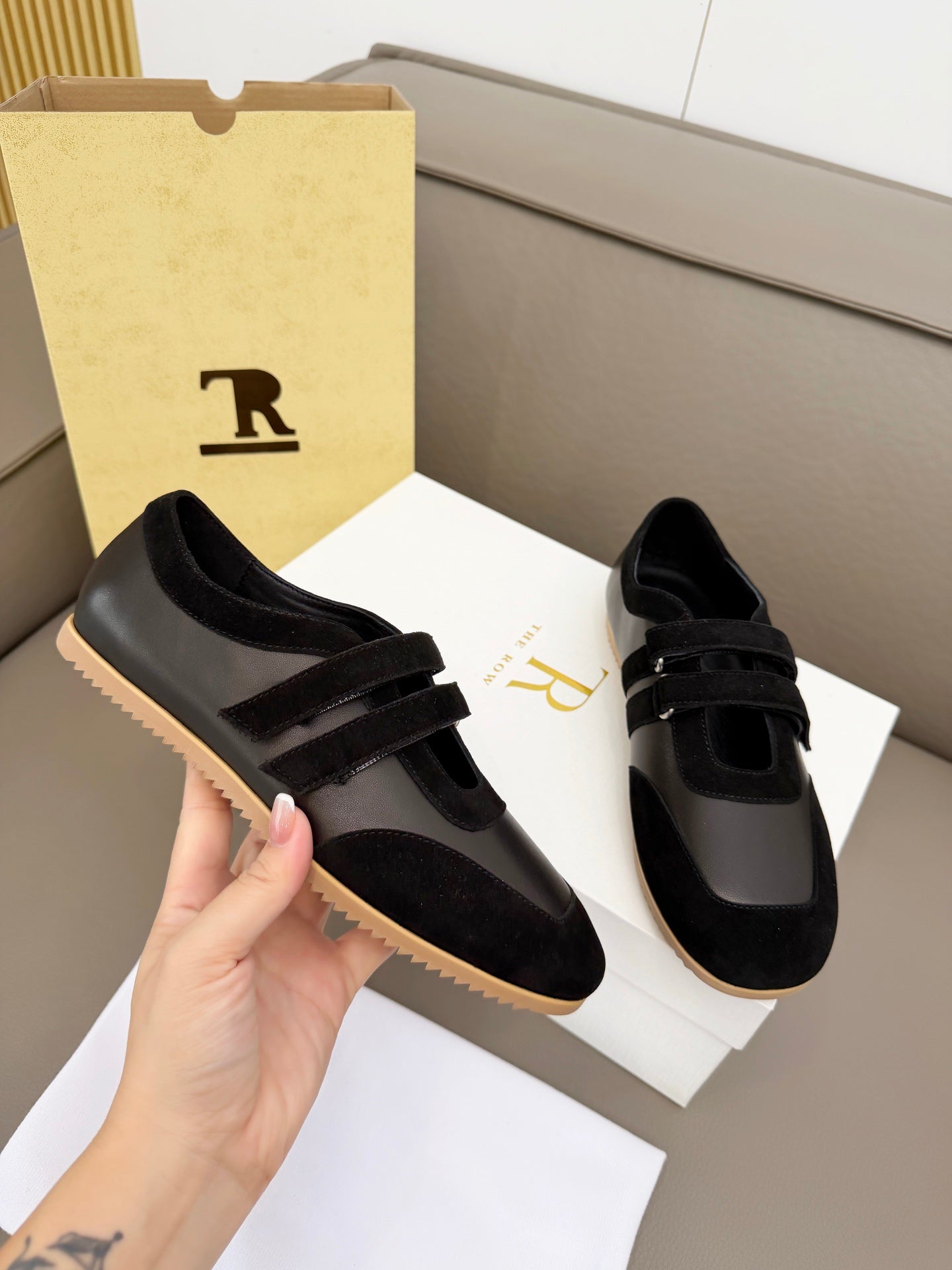 THE ROW 26S DOUBLE STRAP MARY JANE SNEAKERS IN BLACK CALFSKIN AND SUEDE