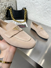 PRADA 26S CLASSIC LOAFERS IN NUDE BEIGE LOGO SUEDE