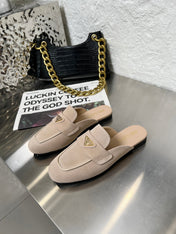 PRADA 26S MULE LOAFERS IN NUDE BEIGE SUEDE WITH LOGO