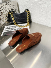 PRADA 26S MULE LOAFERS IN CHOCOLATE BROWN SUEDE WITH LOGO