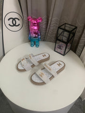 CHANEL 26S SLIDE SANDALS IN WHITE VELVET AND CALFSKIN WITH ROPE SOLE GOLD HARDWARE