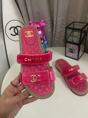 CHANEL 26S SLIDE SANDALS IN PINK VELVET AND CALFSKIN WITH ROPE SOLE GOLD HARDWARE