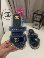 CHANEL 26S SLIDE SANDALS IN BLUE VELVET AND CALFSKIN WITH ROPE SOLE GOLD HARDWARE