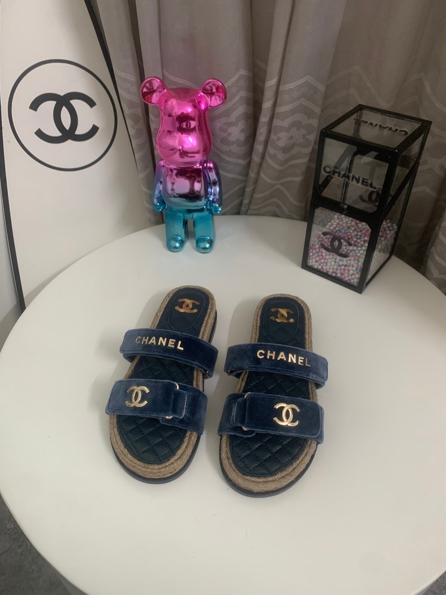 CHANEL 26S SLIDE SANDALS IN BLUE VELVET AND CALFSKIN WITH ROPE SOLE GOLD HARDWARE