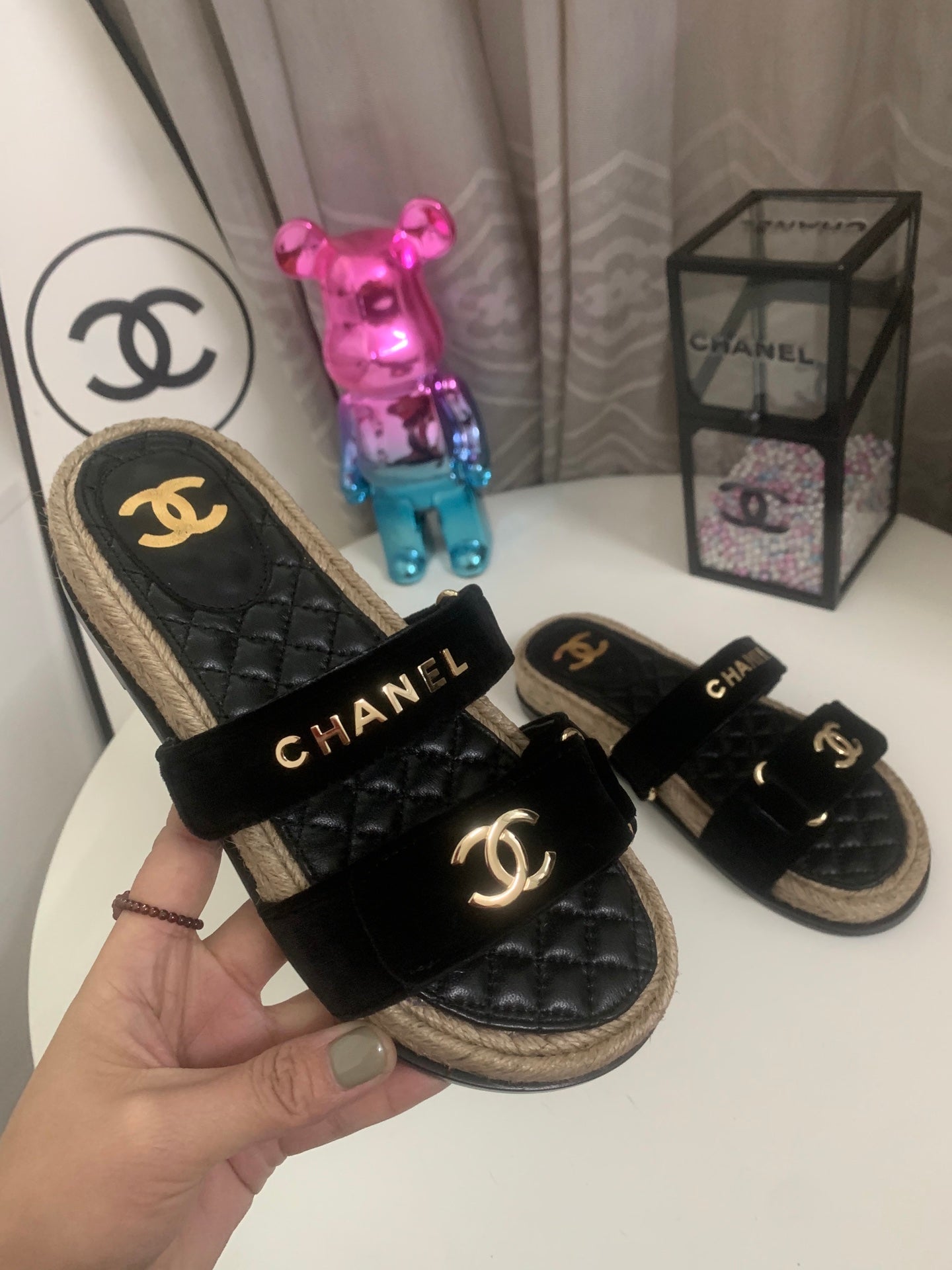 CHANEL 26S SLIDE SANDALS IN BLACK VELVET AND CALFSKIN WITH ROPE SOLE GOLD HARDWARE