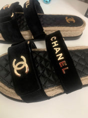 CHANEL 26S SLIDE SANDALS IN BLACK VELVET AND CALFSKIN WITH ROPE SOLE GOLD HARDWARE