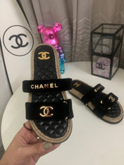 CHANEL 26S SLIDE SANDALS IN BLACK VELVET AND CALFSKIN WITH ROPE SOLE GOLD HARDWARE