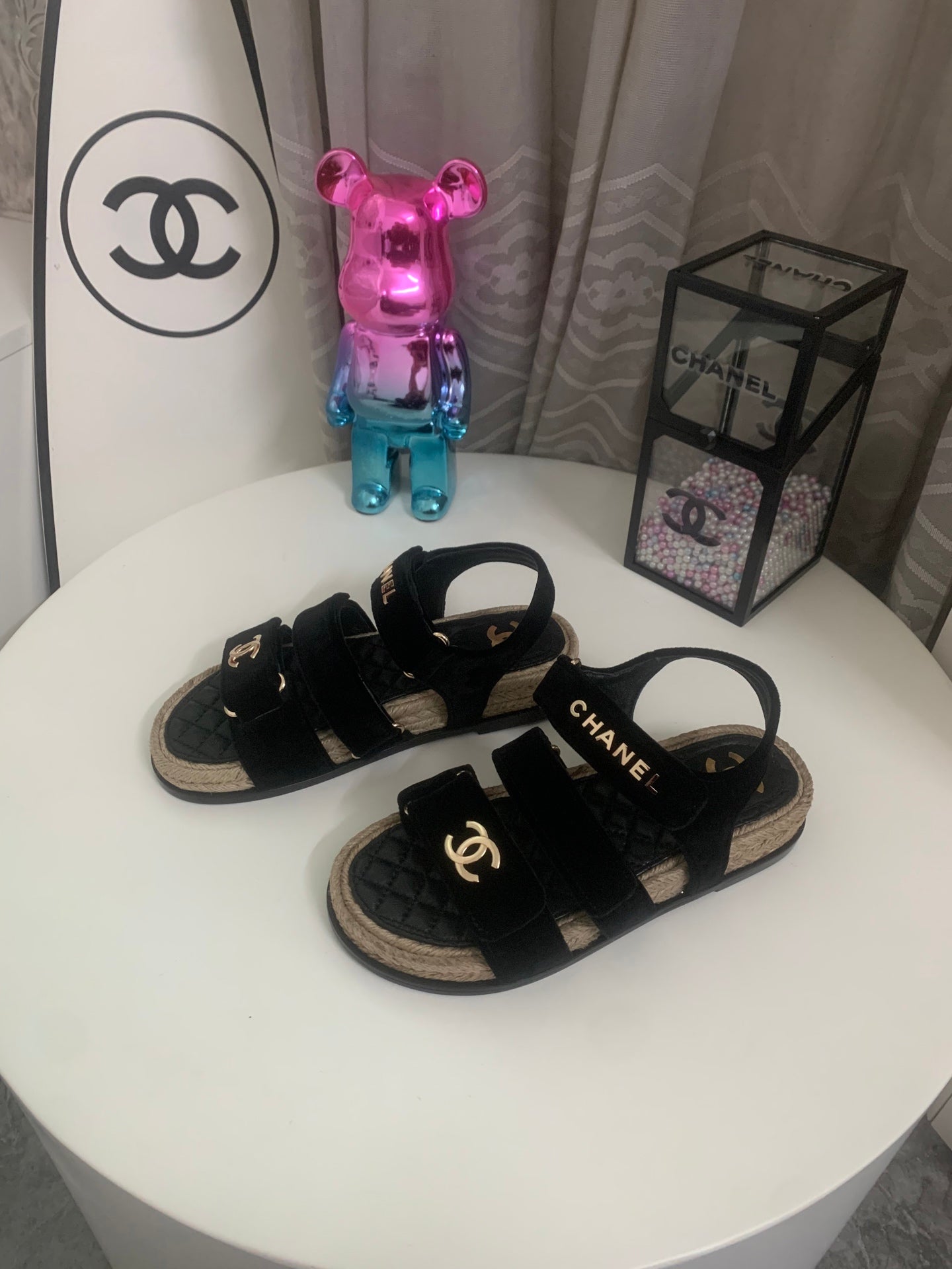 CHANEL 26S STRAPPY SANDALS IN BLACK VELVET WITH ROPE SOLE GOLD HARDWARE