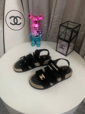 CHANEL 26S STRAPPY SANDALS IN BLACK VELVET WITH ROPE SOLE GOLD HARDWARE