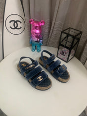 CHANEL 26S STRAPPY SANDALS IN NAVY BLUE VELVET WITH ROPE SOLE GOLD HARDWARE