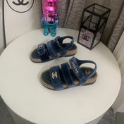 CHANEL 26S STRAPPY SANDALS IN NAVY BLUE VELVET WITH ROPE SOLE GOLD HARDWARE