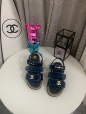CHANEL 26S STRAPPY SANDALS IN NAVY BLUE VELVET WITH ROPE SOLE GOLD HARDWARE