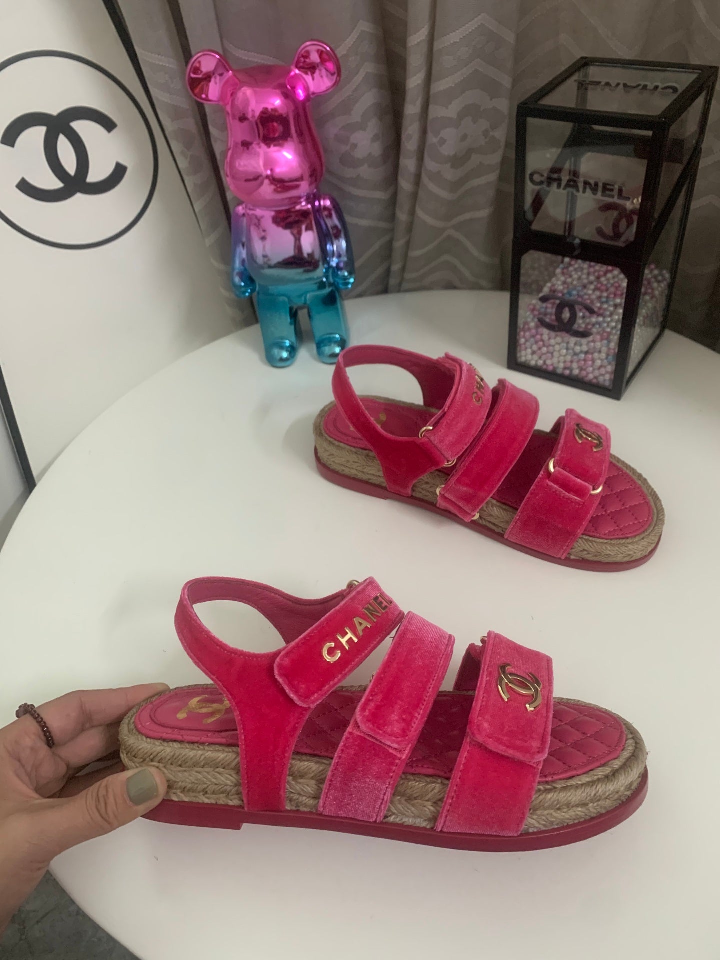CHANEL 26S STRAPPY SANDALS IN PINK VELVET WITH ROPE SOLE GOLD HARDWARE