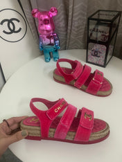 CHANEL 26S STRAPPY SANDALS IN PINK VELVET WITH ROPE SOLE GOLD HARDWARE