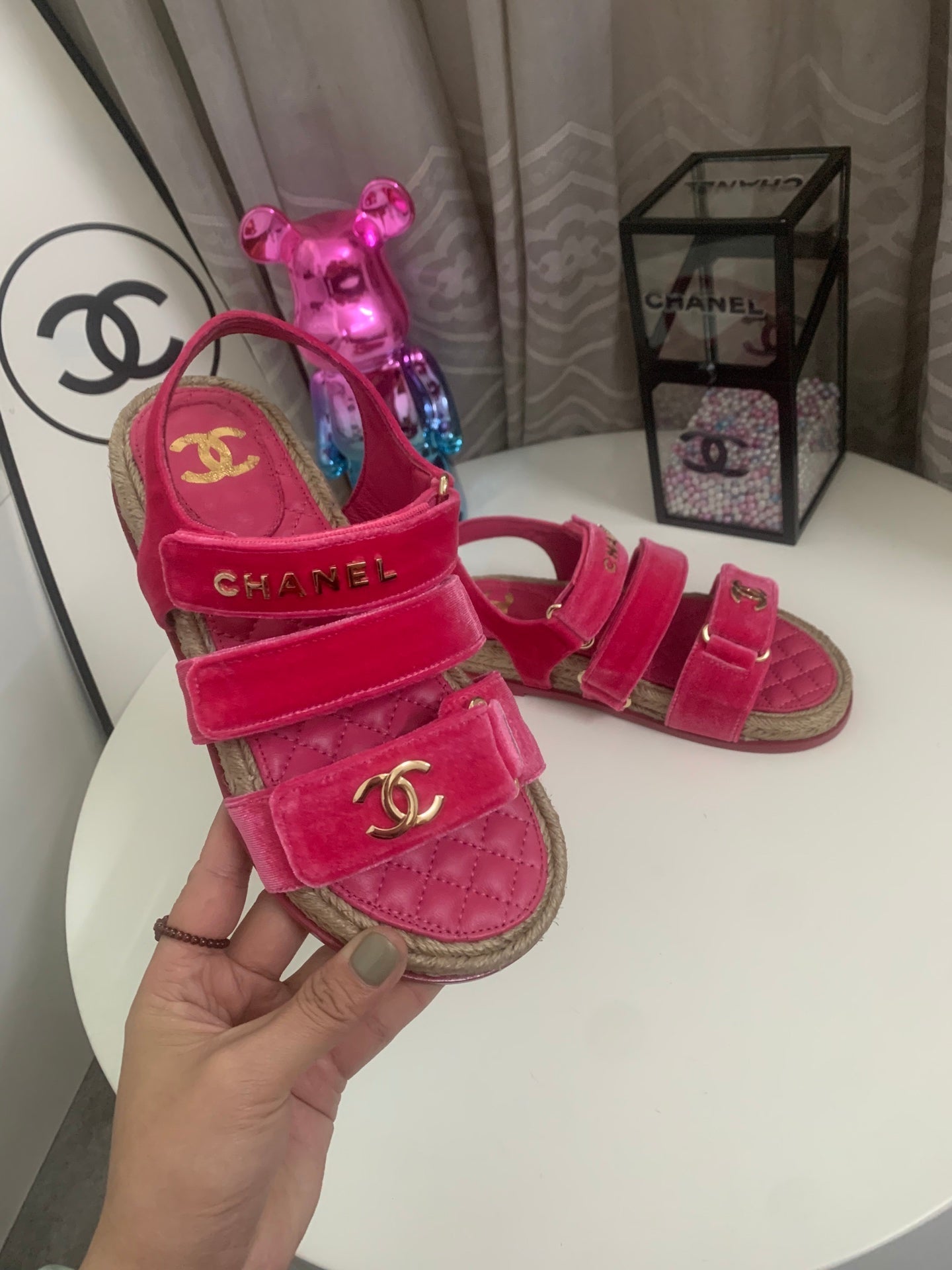 CHANEL 26S STRAPPY SANDALS IN PINK VELVET WITH ROPE SOLE GOLD HARDWARE