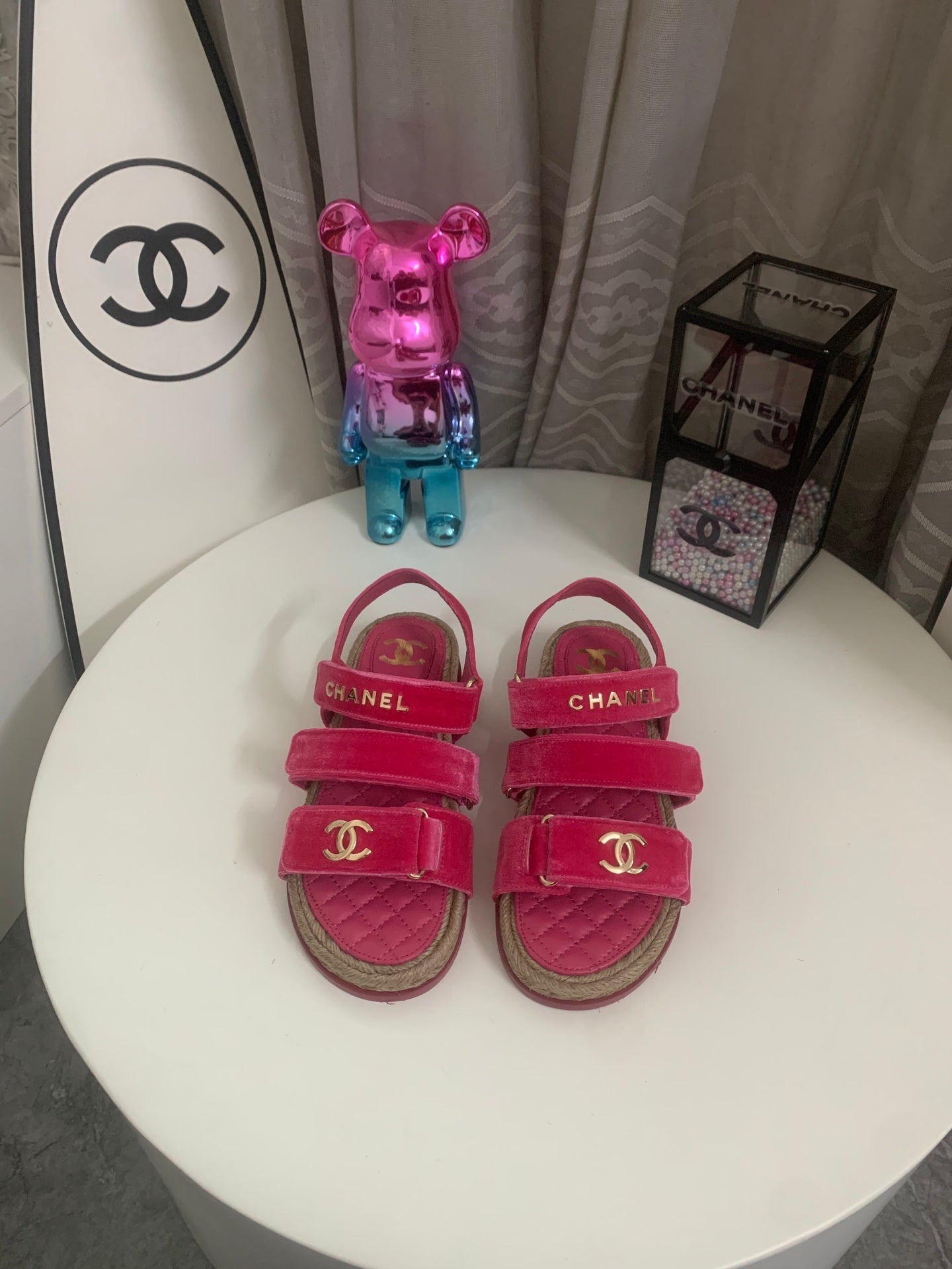 CHANEL 26S STRAPPY SANDALS IN PINK VELVET WITH ROPE SOLE GOLD HARDWARE