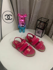 CHANEL 26S STRAPPY SANDALS IN PINK VELVET WITH ROPE SOLE GOLD HARDWARE