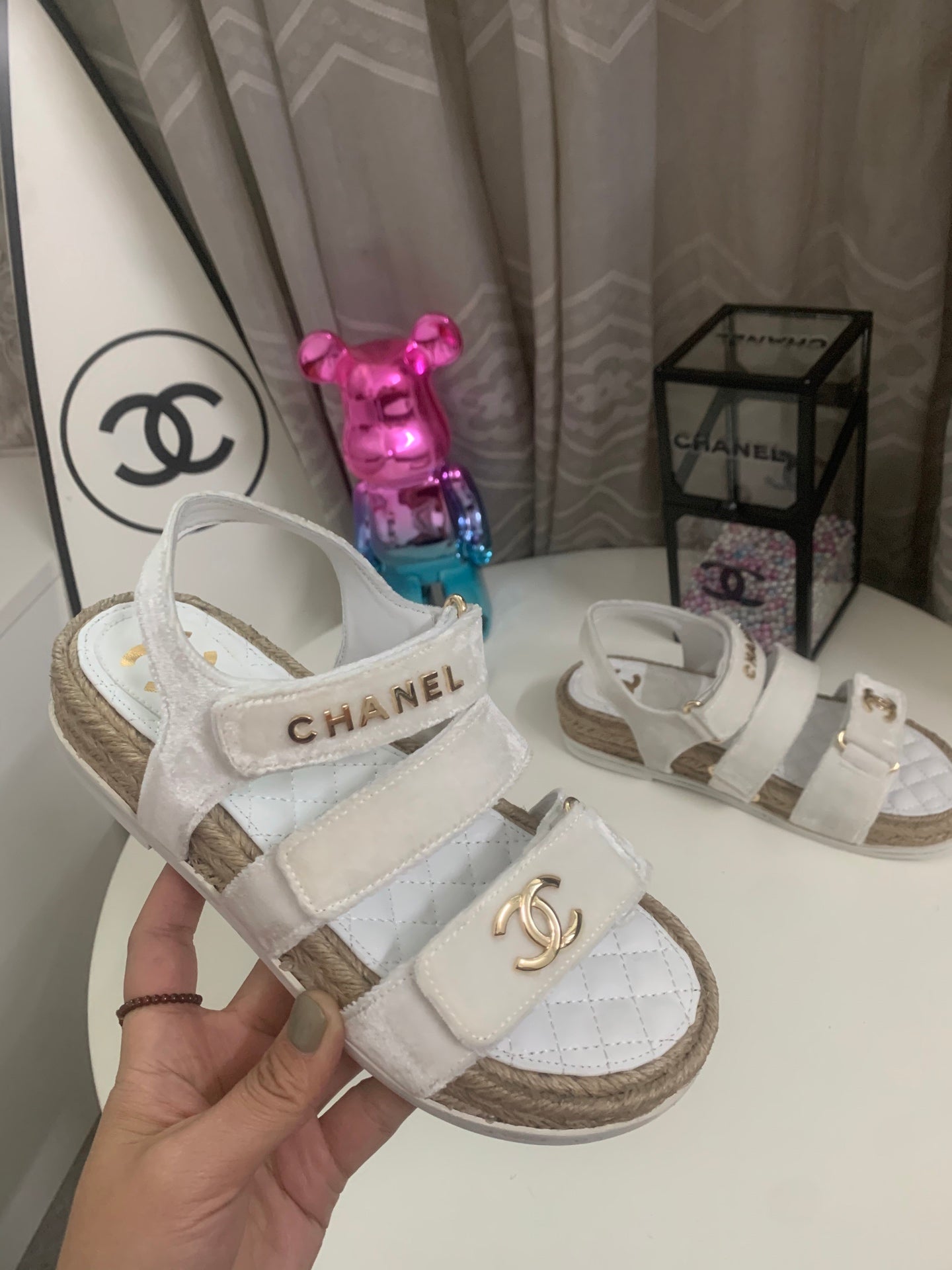 CHANEL 26S STRAPPY SANDALS IN WHITE VELVET WITH ROPE SOLE GOLD HARDWARE
