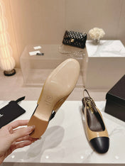 SLINGBACKS PEANUT BROWN MIX BLACK SHEEPSKIN