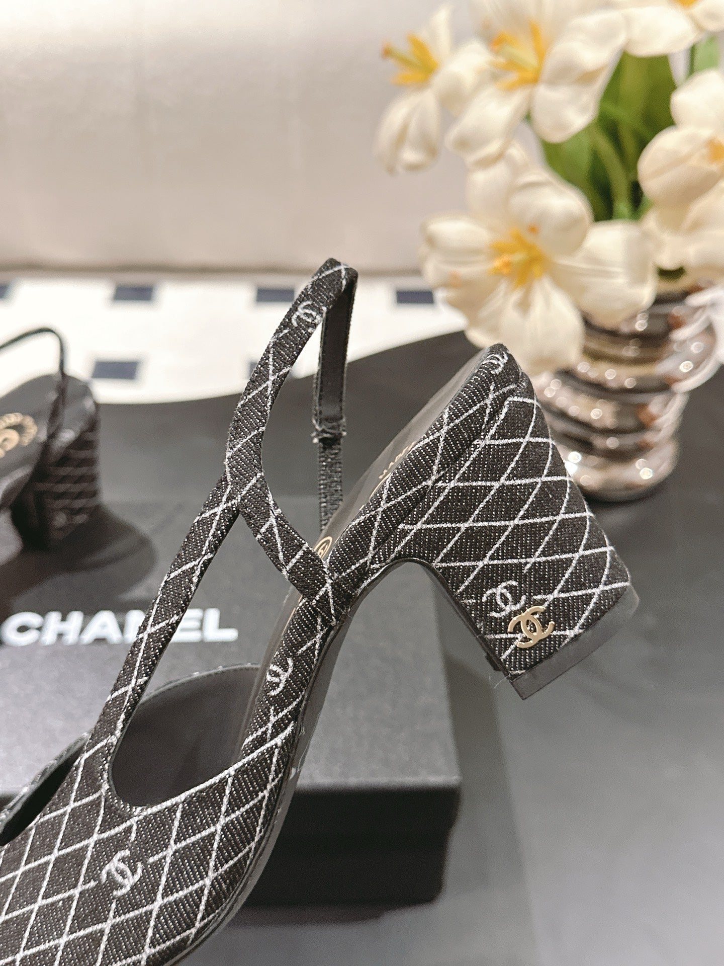CC SLINGBACK 25S 65 MM IN BLACK DENIM WITH PLAID PATTERN