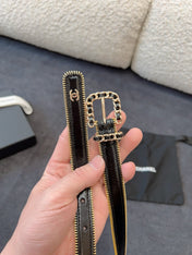 BELT 20MM IN BLACK CALFSKIN WITH INTERWOVEN CHAIN BUCKLE ZIPPER IN TRIM GOLD HARDWARE