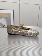 PRADA 26S MARY JANE FLATS IN GOLD WOVEN CALFSKIN
