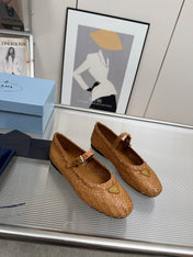 PRADA 26S MARY JANE FLATS IN TAN BROWN WOVEN CALFSKIN